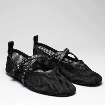 Модные дизайнерские туфли из сетчатой кожи на плоской подошве для женщин, балетки с полой подошвой, удобные танцевальные туфли на мягкой подошве, летние повседневные сандалии Мэри Джейн, мокасины 35 чёрный