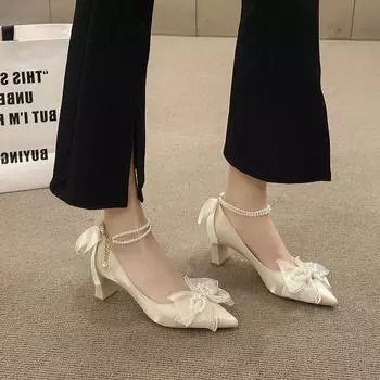 Модные дизайнерские туфли-лодочки с кружевным бантом и острым носком на платформе, сексуальные женские туфли с жемчужинами и пряжкой на высоком каблуке, выпускные сандалии 35