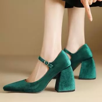 Модные дизайнерские туфли Мэри Джейн на высоком квадратном каблуке, бархатные, черные, зеленые, на каблуке, туфли-лодочки для женщин, большого размера, для офиса, вечеринки, свадьбы 34 чёрный