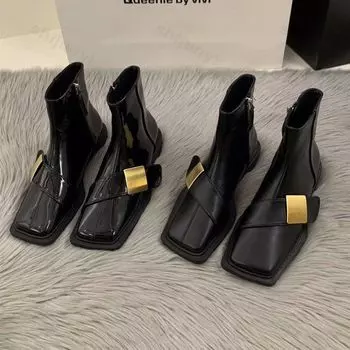 Модные дизайнерские винтажные женские ботильоны 2024 года, модные туфли с металлическим декором и квадратным носком, осенние туфли на плоской подошве, женские короткие ботильоны Zapatos De Mujer 35