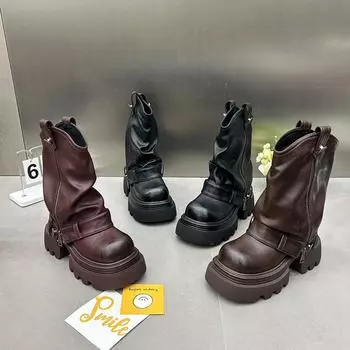 Модные дизайнерские винтажные женские ботильоны Модные короткие ботильоны Slip On Knight Ботильоны женские повседневные туфли на платформе с каблуками Botas Mujer 35 коричневый