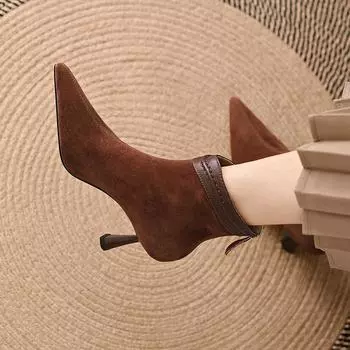 Модные дизайнерские винтажные женские ботильоны с острым носком, современные короткие ботильоны, элегантные женские туфли на высоком каблуке Botas Mujer 35 коричневый