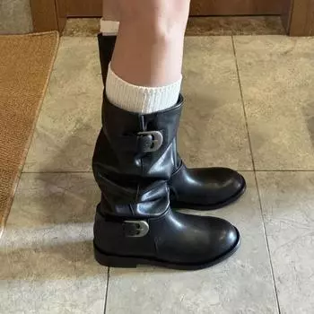 Модные дизайнерские винтажные женские сапоги до колена, модные короткие ботильоны с пряжкой на поясе, лаконичные квадратные туфли на низком каблуке, Botas De Mujer 35 коричневый