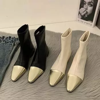 Модные дизайнерские женские ботильоны Модные туфли с острым носком Осень-зима Низкий каблук Женские эластичные современные короткие ботильоны 35 бежевый