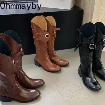 Модные дизайнерские женские ковбойские сапоги в стиле вестерн, модные длинные сапоги с пряжкой на поясе, квадратные каблуки, осенне-зимняя женская обувь 35