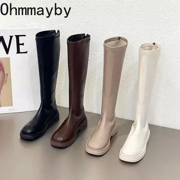 Модные дизайнерские женские сапоги до колена, модные узкие туфли с застежкой-молнией сзади, осенне-зимние женские сапоги на низком каблуке в стиле рыцаря 35 хаки