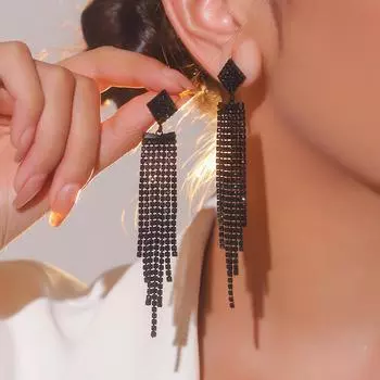 Модные длинные черные серьги с кисточками с электрофорезом, темпераментные универсальные серьги с кристаллами, женские серьги, 1 пара