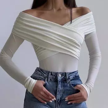 Модные длинные рукава, облегающие, сексуальные футболки с открытыми плечами, женские, с перекрестными складками и вырезом-лодочкой, элегантные, однотонные, повседневные женские футболки, топы 25526 One Size белый