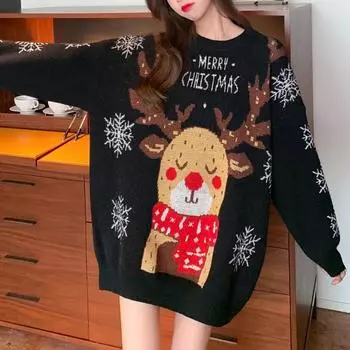 Модные длинные рукава свитера вязаные свитера женские зимние свободные рождественские свитера женские винтажные верхняя одежда больших размеров милые принты повседневные джемперы 25511 One Size чёрный
