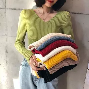 Модные длинные рукава V-образный вырез свитера вязаные свитера женские осенние свитера женская зимняя одежда Slim Fit Solid элегантные повседневные базовые женские джемперы 25516 One Size белый