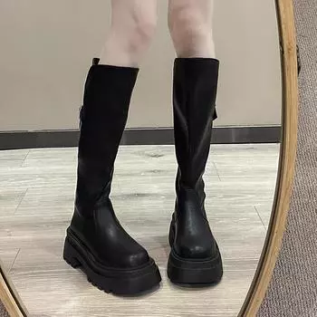 Модные длинные сапоги Челси для женщин на платформе с толстой подошвой на высоком каблуке, женские зимние мотоциклетные сапоги до колена, эластичная женская обувь в стиле панк 35 чёрный
