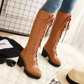 Модные длинные сапоги из искусственной кожи, сексуальные женские мотоциклетные сапоги, квадратный каблук 8 см, высокие сапоги до колена, черные, белые, большого размера 34 белый