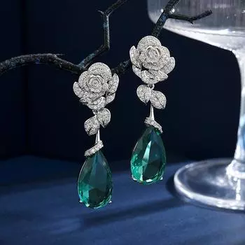 Модные длинные серьги-цветы в стиле ретро, тяжелая промышленность, микро-инкрустированные цирконием, камелия, капли воды, серьги-украшения серебряный