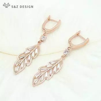 Модные длинные серьги-капли с выдолбленным листом кубического циркония, серьги цвета розового золота для женщин, ювелирные изделия для свадебной вечеринки, модный подарок