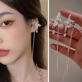 Модные длинные серьги с кисточками-бабочками без пирсинга, женские серьги-феи во французском стиле, серьги-приливы