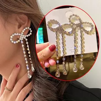 Модные длинные серьги с кисточками и стразами для женщин, висячие серьги с бантом и кристаллами, ювелирные изделия, подарки