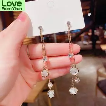 Модные длинные серьги с опалом спереди и сзади для женщин в корейском стиле