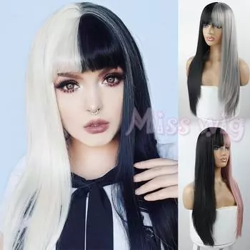 Модные длинные серые прямые волосы с челкой, смешанный парик двух цветов для женщин
