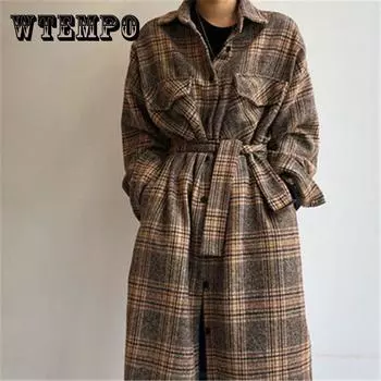 Модные длинные шерстяные пальто в клетку, женские зимние корейские повседневные свободные однобортные куртки, женская уличная одежда, верхняя одежда One Size