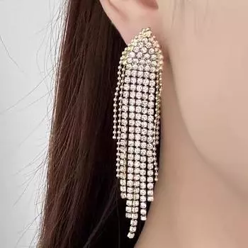 Модные длинные темпераментные серьги со стразами и бахромой, женские серьги 925 пробы с преувеличенной индивидуальностью