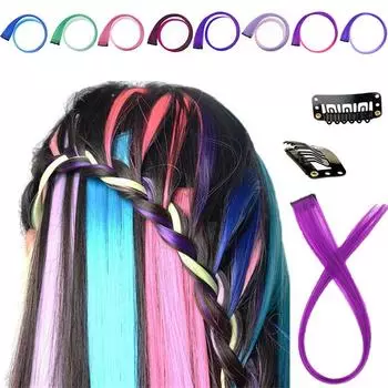 Модные длинные волосы, фиолетовые, прямые, цветные, женские, цветные, для девочек, парик на заколках, синтетический, розовый, радужного цвета, 1 шт., накладные волосы 19