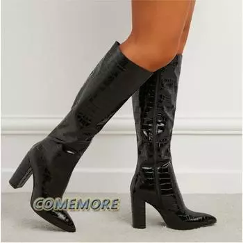 Модные длинные женские сапоги 2024 года, зимние черные на платформе, на высоком каблуке, панк, роскошные, с толстой подошвой, с боковой молнией, выше колена, высокие сапоги для женщин из искусственной кожи 35 чёрный