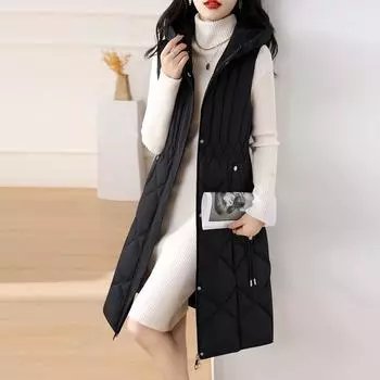 Модные длинные жилеты для современных женщин, новое корейское стильное тонкое теплое пальто, женские элегантные пальто, парка без рукавов с капюшоном L чёрный