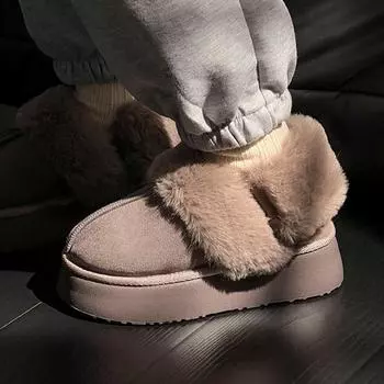 Модные домашние меховые тапочки с ремешком для женщин 2024 года, зимние толстые плюшевые домашние тапочки для женщин на платформе, теплые тапочки из искусственного меха и хлопка 35-36 чёрный