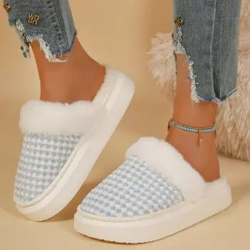 Модные домашние тапочки из плюша и хлопка, пушистые, нескользящие, мягкие, с каблуком, нескользящие, плюшевые тапочки, женская зимняя домашняя обувь 36-37 светло-синий