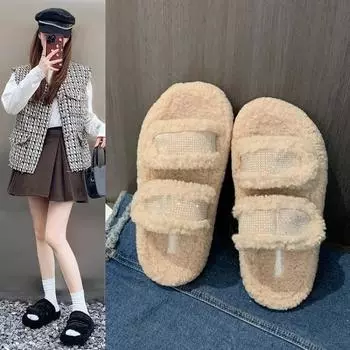 Модные домашние тапочки размера плюс 40 на платформе с мехом, шлепанцы, женские тапочки из мягкого плюша на плоской подошве из римских базовых резиновых ПУ-туфель 35 бежевый