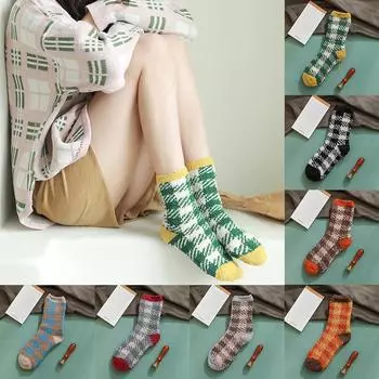 Модные домашние женские и женские мягкие носки в клетку, теплые носки для сна, средние чулки синий