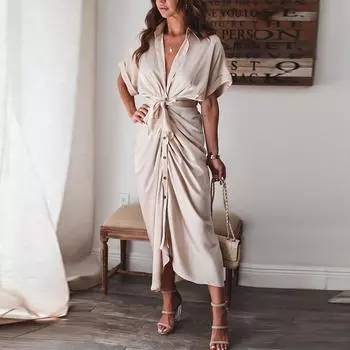 Модные драпированные вечерние платья с отложным воротником, элегантное офисное женское платье-рубашка на пуговицах, женское летнее длинное платье с коротким рукавом и разрезом S серый