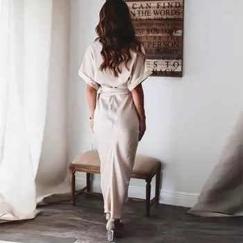 Модные драпированные вечерние платья с отложным воротником, элегантное офисное женское платье-рубашка на пуговицах, женское летнее длинное платье с коротким рукавом и разрезом M зелёный