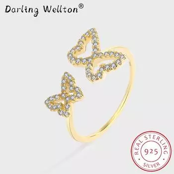 Модные две бабочки, пара серебряных колец S925 для женщин, оригинальное натуральное серебро, подарок на день Святого Валентина, ювелирные изделия для вечеринок Resizable золотой