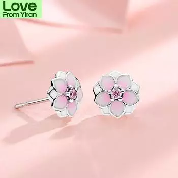 Модные двойные серьги для вечеринок, милые женские серьги в стиле бохо с маленьким розовым цветком, 100 % настоящие серьги-гвоздики из стерлингового серебра для женщин, подарок