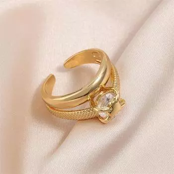 Модные двухслойные кольца с открытым регулируемым размером и кубическим цирконием в форме сердца для женщин и мужчин, кольцо из меди золотого цвета, повседневные украшения для вечеринок