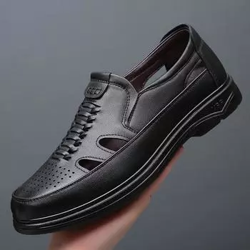 Модные дышащие кожаные мужские туфли с вырезами, летние мокасины без застежек, мужские повседневные кожаные туфли, черные туфли на плоской подошве для вождения, мокасины 38 чёрный