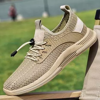 Модные дышащие мужские сетчатые туфли Легкие повседневные туфли Резиновая подошва Прошитые прогулочные туфли Нескользящие походные мокасины Туфли на плоской подошве 38 абрикосовый