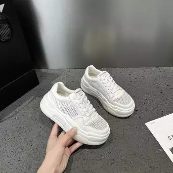 Модные дышащие повседневные вулканизированные кроссовки на платформе и танкетке, массивные кроссовки, дышащая сетчатая обувь, повседневная женская обувь для фитнеса, универсальная обувь на толстой подошве 35 белый