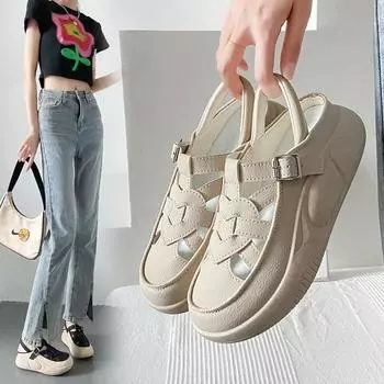 Модные дышащие повседневные женские туфли 2024 года, летняя новая мода, универсальные туфли на толстой подошве, маленькие белые туфли, удобные сандалии 35 чёрный