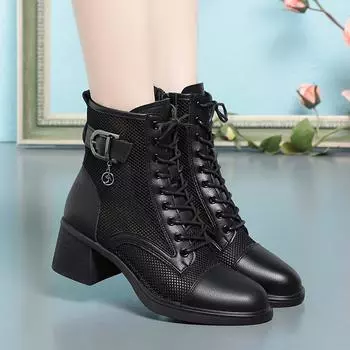 Модные дышащие сетчатые кожаные ботинки с вырезом, женские босоножки на платформе, лето 2024 года, повседневные ботинки на высоком каблуке 35(Foot22.5cm)