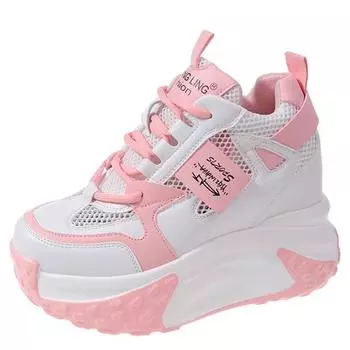 Модные дышащие сетчатые кроссовки на толстой подошве для женщин, летние модные туфли на танкетке высотой 10 см, спортивные туфли для папы, женские кроссовки на толстой платформе 34 чёрный