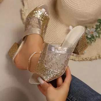 Модные дышащие сетчатые тапочки женские новые летние туфли женские модные туфли с открытым носком на квадратном каблуке серебристые мюли туфли на высоком каблуке 35 чёрный