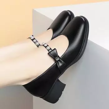 Модные дышащие туфли-лодочки с неглубоким жемчужным бантом, милые женские туфли-лодочки, весна 2024, туфли на среднем квадратном каблуке из кожи для офиса, для мам и девочек, туфли Мэри, нежные 35(Foot22.5cm)