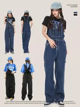 Модные джинсовые комбинезоны, джинсы на бретелях, женские весенне-осенние прямые свободные женские комбинезоны, джинсовые брюки больших размеров, уличная одежда XXL чёрный