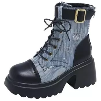 Модные джинсовые лоскутные ретро-сапоги женские 2024 осень высокие кожаные сапоги до середины голени зимние 7,5 см короткие массивные сапоги Botas Mujer 34 светло-синий