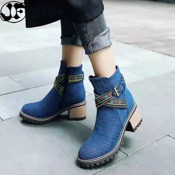 Модные джинсовые сапоги bota feminina ботильоны женские сапоги ковбойские джинсовые туфли на высоком каблуке сексуальные женские туфли женские сапогиrfg567 3 чёрный