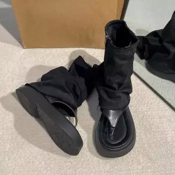 Модные джинсовые шлепанцы женские дышащие толстые повседневные 2024 новые модные простые универсальные сандалии на платформе с открытым носком летнее время 35 чёрный