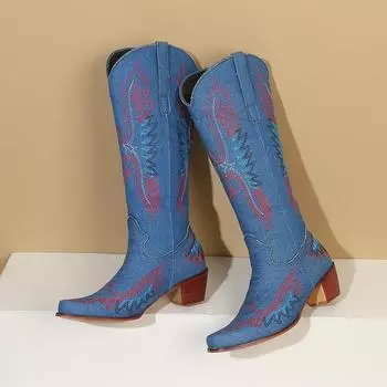Модные джинсовые женские сапоги в стиле вестерн, высокие сапоги на толстом каблуке с вышивкой, ковбойские сапоги, осенне-зимняя женская обувь, размер 47 6