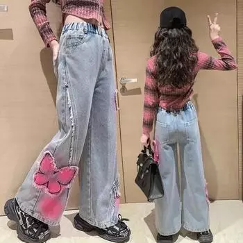 Модные джинсы для девочек Детские джинсы Детские брюки-бабочки Широкие брюки для девочек Брюки для папы Повседневные брюки 170cm синий